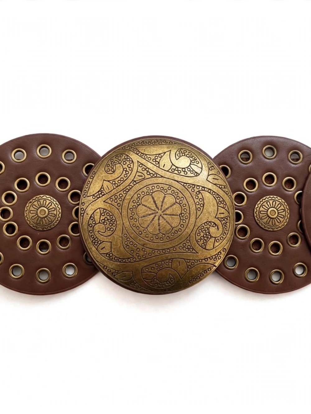 Women's Brown Leather Disc Concho Belt 38" - Boho Western Eyelet Medallion Wide
